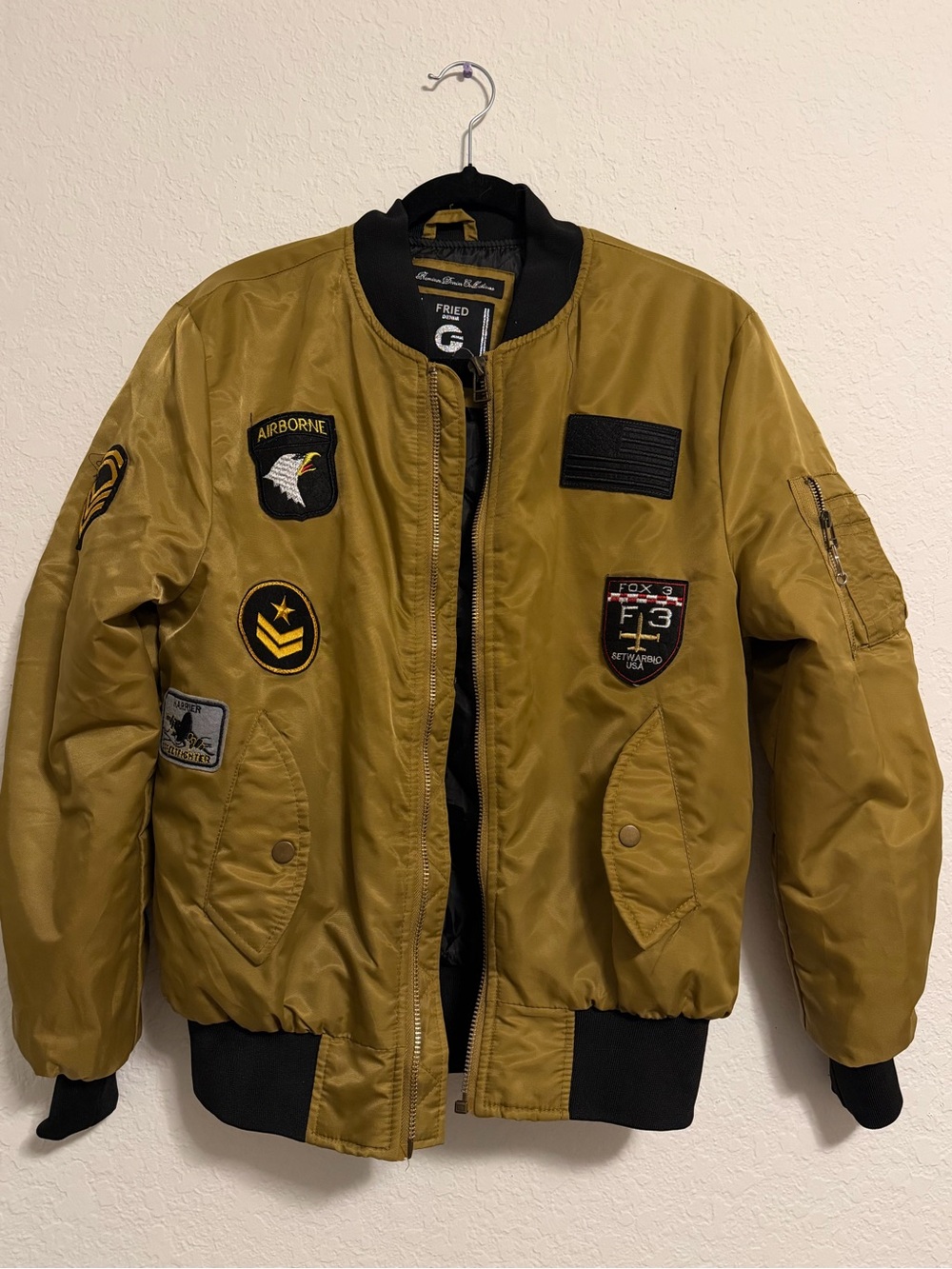 Men's taupe Military Patch Flight Jacket by Fried